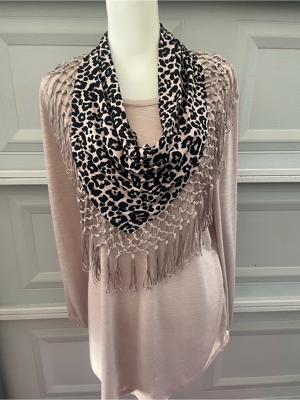 New Directions Top with attached Blush and Black Leopard Trim Triangle Scarf